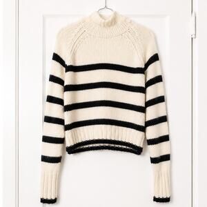 Zara Knit Cropped Turtleneck Sweater Cream Black Striped Chunky Knit  Small